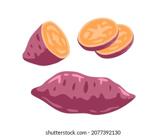 Satsuma Imo. Sweet Potato, Batat. Whole, Half And Slices. Batata Or Yam With Red Skin. Chinese And Japanese Vegetable. Asian Cuisine Ingredient. Healthy Vegetarian Food. Flat Vector Illustration. 