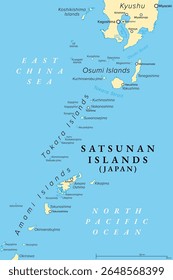 Satsunan Islands, Japan, political map. Group of Japanese islands, forming the northern part of Ryukyu Islands, belonging to Kagoshima Prefecture, and consisting of Osumi, Tokara, and Anami Islands.