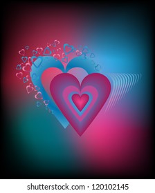 Saturated colorful abstract background decorated red and blue hearts. Vector illustration