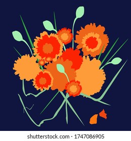 Composición saturada de flores sobre fondo azul. Se ve bonito en los manteles y en las cortinas