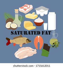 Saturated Fat Rich Food Illustration On The Blue Background. Vector Illustration