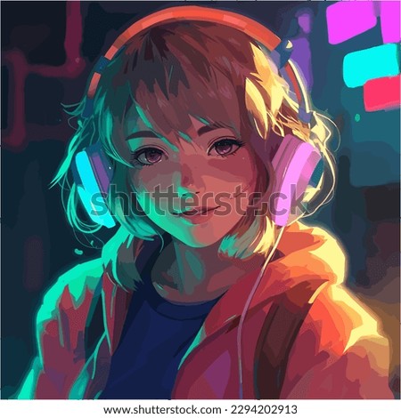 Saturated illustration anime girl listening to music on her heaphones, videogame style, indirect lightning, colorful color saturation, neon, fluorescence vaporwave, vector 2d video game valorant