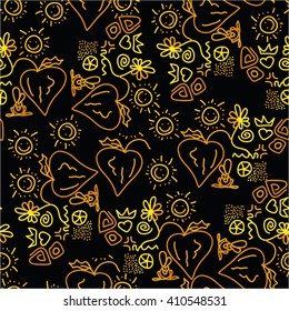 Saturated pattern childish, sun, heart, plant, seamless vector background.