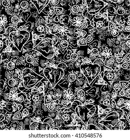 Saturated pattern childish, sun, heart, plant, seamless vector background.