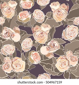 Saturated rose pattern on a purple background. Vintage stunning wallpaper of hand drawn flowers and leaf. Vector Seamless Colorful Background for your design or celebration.