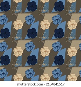 Saturated seamless pattern of flowers and shapes on a dark brown background.