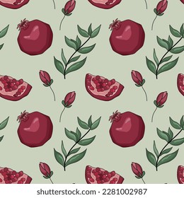 Saturated seamless pattern with pomegranates on green background. Vector illustration