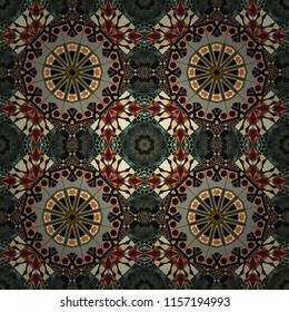With saturated shapes in black, gray and brown colors. Ethnic tracery for print on textile. Vector illustration. Textile design texture. Seamless pattern abstract background.