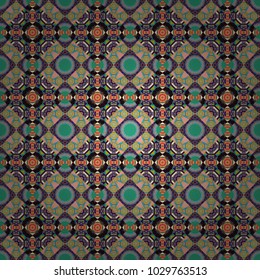 With saturated shapes in brown, green and blue colors. Vector illustration. Textile design texture. Ethnic tracery for print on textile. Seamless pattern abstract background.