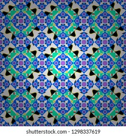With saturated shapes in green, white and blue colors. Textile design texture. Vector illustration. Seamless pattern abstract background. Ethnic tracery for print on textile.