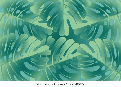 Fondo verde de verano saturado en forma de hojas de monstera. Ilustración vectorial.