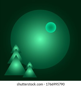 
saturated triangular Christmas trees of light green color, on a green background in the light of the moon