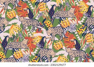 Saturated wild bright tropical positive cheerful multicolored abstract seamless summer patern. Tropics with palms, bananas, leaves, birds and spots of wild animals, tiger and leopard.