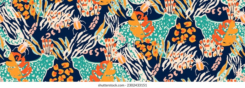 Saturated wild bright tropical positive cheerful multicolored abstract seamless summer patern. Tropics with palms, bananas, leaves, birds and spots of wild animals, tiger and leopard.