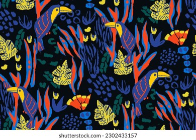 Saturated wild bright tropical positive cheerful multicolored abstract seamless summer patern. Tropics with palms, bananas, leaves, birds and spots of wild animals, tiger and leopard.