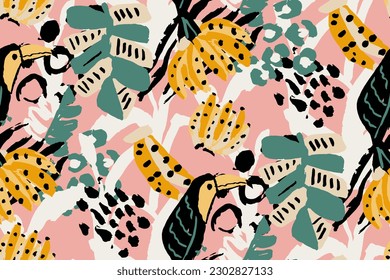 Saturated wild bright tropical positive cheerful multicolored abstract seamless summer patern. Tropics with palms, bananas, leaves, birds and spots of wild animals, tiger and leopard.