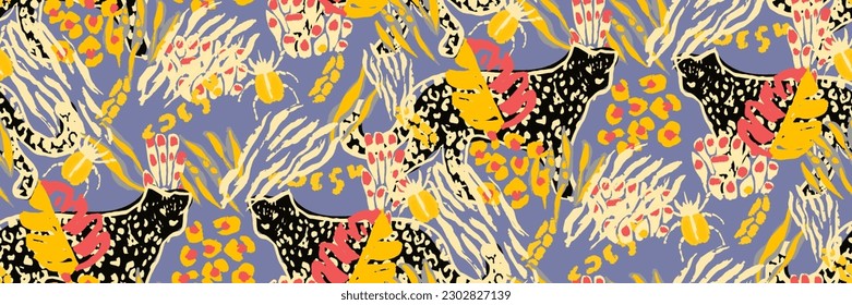 Saturated wild bright tropical positive cheerful multicolored abstract seamless summer patern. Tropics with palms, bananas, leaves, birds and spots of wild animals, tiger and leopard.