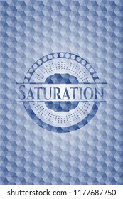 Saturation blue emblem with geometric pattern background.