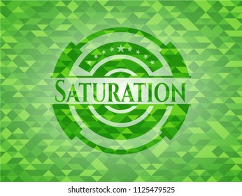 Saturation green emblem with triangle mosaic background