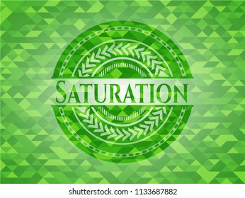 Saturation green emblem with triangle mosaic background