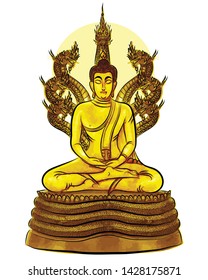 The Saturday Buddha image is sitting in a full lotus position in meditation on the coiled body of the naga that uses its head as a cover against rain.