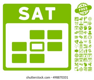 Saturday Calendar Grid icon with bonus calendar and time management design elements. Vector illustration style is flat iconic symbols, eco green, white background.