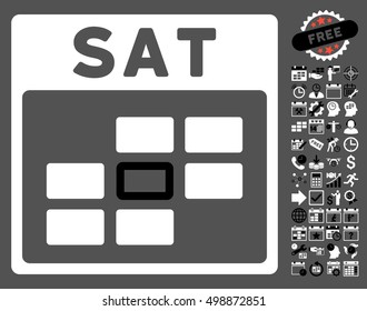 Saturday Calendar Grid icon with bonus calendar and time management images. Vector illustration style is flat iconic symbols, black and white, gray background.