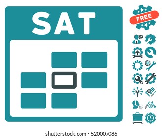Saturday Calendar Grid icon with bonus setup tools pictures. Vector illustration style is flat iconic symbols, soft blue, white background.