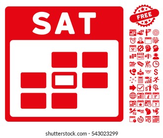 Saturday Calendar Grid icon with bonus calendar and time management pictograph collection. Vector illustration style is flat iconic symbols, red, white background.