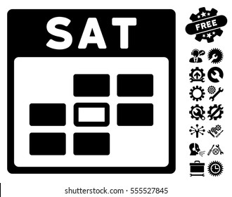 Saturday Calendar Grid icon with bonus setup tools pictograms. Vector illustration style is flat iconic symbols, black, white background.