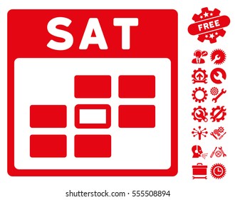 Saturday Calendar Grid pictograph with bonus service symbols. Vector illustration style is flat iconic symbols, red, white background.