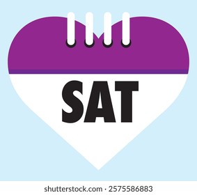 Saturday calendar icon heart shape on light sky blue background. color of the Saturday is purple.