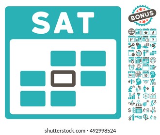 Saturday Calendar Page icon with bonus calendar and time management symbols. Vector illustration style is flat iconic bicolor symbols, grey and cyan colors, white background.