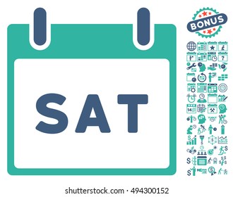 Saturday Calendar Page icon with bonus calendar and time management symbols. Vector illustration style is flat iconic bicolor symbols, cobalt and cyan colors, white background.