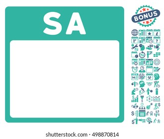 Saturday Calendar Page icon with bonus calendar and time management graphic icons. Vector illustration style is flat iconic symbols, cobalt and cyan, white background.