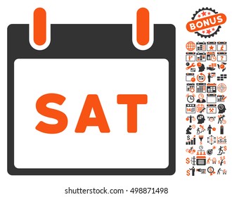 Saturday Calendar Page icon with bonus calendar and time management pictures. Vector illustration style is flat iconic symbols, orange and gray, white background.