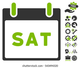 Saturday Calendar Page icon with bonus service pictograms. Vector illustration style is flat iconic symbols, eco green and gray, white background.