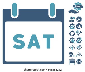Saturday Calendar Page icon with bonus settings icon set. Vector illustration style is flat iconic symbols, cyan and blue, white background.