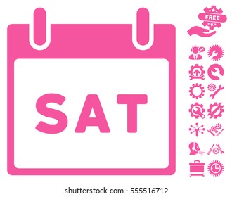 Saturday Calendar Page icon with bonus configuration icon set. Vector illustration style is flat iconic symbols, pink, white background.