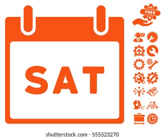 Saturday Calendar Page icon with bonus options design elements. Vector illustration style is flat iconic symbols, orange, white background.