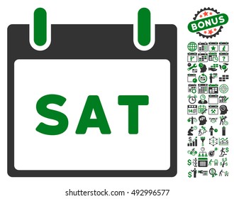 Saturday Calendar Page pictograph with bonus calendar and time management graphic icons. Vector illustration style is flat iconic bicolor symbols, green and gray colors, white background.