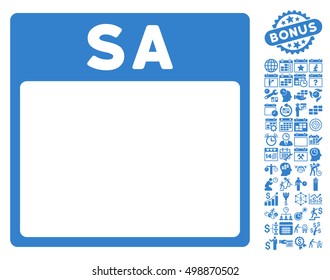 Saturday Calendar Page pictograph with bonus calendar and time management pictograms. Vector illustration style is flat iconic symbols, cobalt, white background.