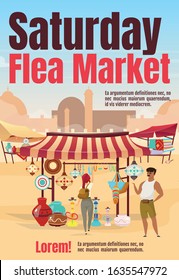 Saturday Flea Market Poster Flat Vector Template. Oriental Marketplace With Souvenirs. Brochure, Cover, Booklet One Page Concept Design With Cartoon Characters. Advertising Flyer, Leaflet, Newsletter