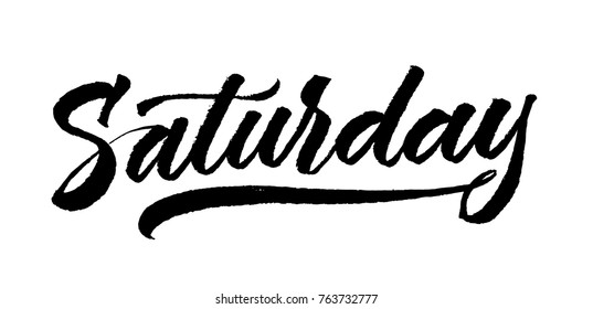 Saturday lettering. Calligraphy brush-pen style. Black on white. Modern and clean day inscription. Vector ink.