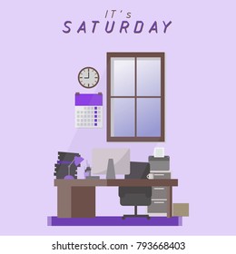 it's Saturday office interior room,flat design,light tone,cute cartoon vector illustration,design graphic,violet purple theme