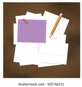 Saturday purple post it and pencil over white pile paper on brown leather pad,vector