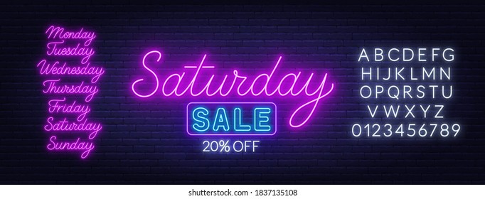 Saturday Sale neon sign on brick wall background. Template for discount.