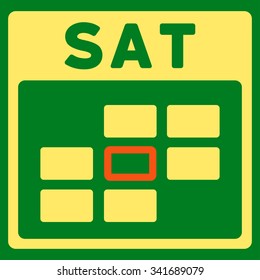 Saturday vector icon. Style is bicolor flat symbol, orange and yellow colors, rounded angles, green background.