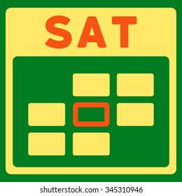 Saturday vector icon. Style is bicolor flat symbol, orange and yellow colors, rounded angles, green background.