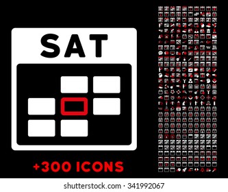 Saturday vector pictogram with additional 300 date and time management icons. Style is bicolor flat symbols, red and white colors, rounded angles, black background.